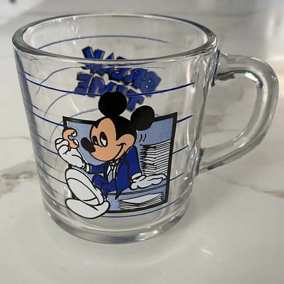 Vintage Walt Disney Mickey Mouse Mug Break Time Clear Glass Cup 80s - Picture 1 of 5